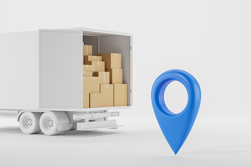 Truck van loaded with cardboard boxes, side view. Large blue geo tag on white empty background. Concept of order delivery, shipping and navigation. 3D rendering illustration