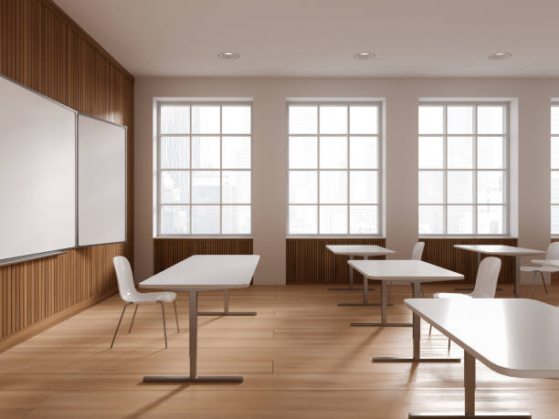 istock White and wooden school classroom interior with whiteboard, side view 1531075185