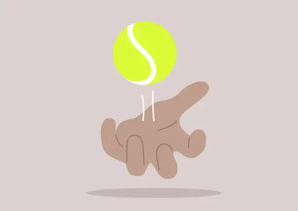 Vector illustration of Hand throwing a yellow tennis ball, sport and recreation