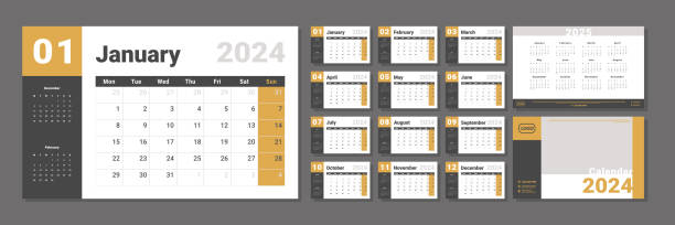 2023-2024カレンダープランナーテンプレートのセット、写真の場所、会社のロゴでカバーします。壁や机のシンプルなカレンダーのベクター画像レイアウトで、月曜日から週が始まり、印刷用� - day of the week点のイラスト素材／クリップアート素材／マンガ素材／アイコン素材
