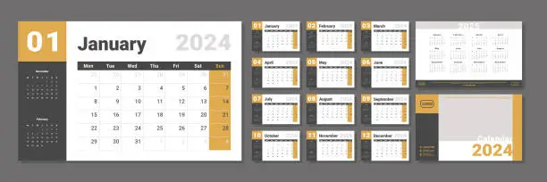 Vector illustration of Set of 2023-2024 Calendar Planner Template, and cover with Place for Photo, Company Logo. Vector layout of a wall or desk simple calendar with week start Monday in yellow and grey color for print