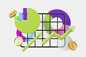 Financial data analysis and pie chart, rising arrows and floating coins