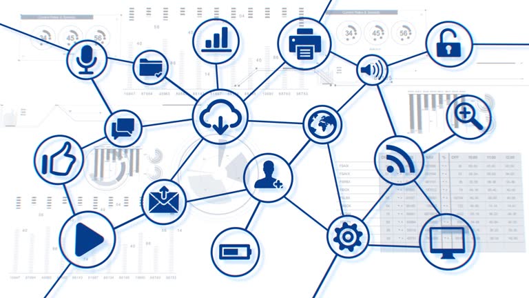 Digital Network Interface with Icons and Links Growing over the Abstract Business Graphs on White Background 3d Animation. Technology Concept