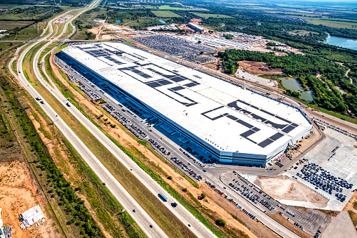 Austin, United States - September 29, 2022:  Aerial view of the Tesla \