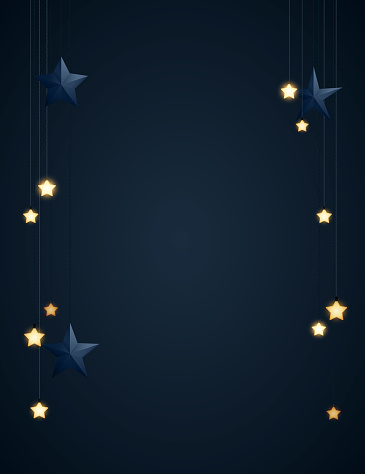 Dark blue Christmas background with gold glitter particles and glowing star shape light bulbs. Festive vector illustration.