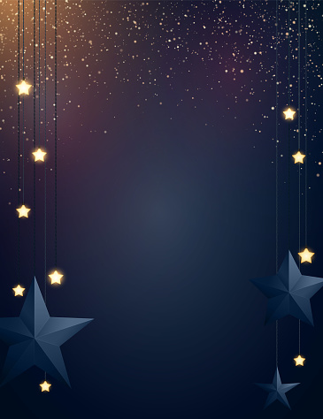 Dark blue Christmas background with gold glitter particles and glowing star shape light bulbs. Festive vector illustration.