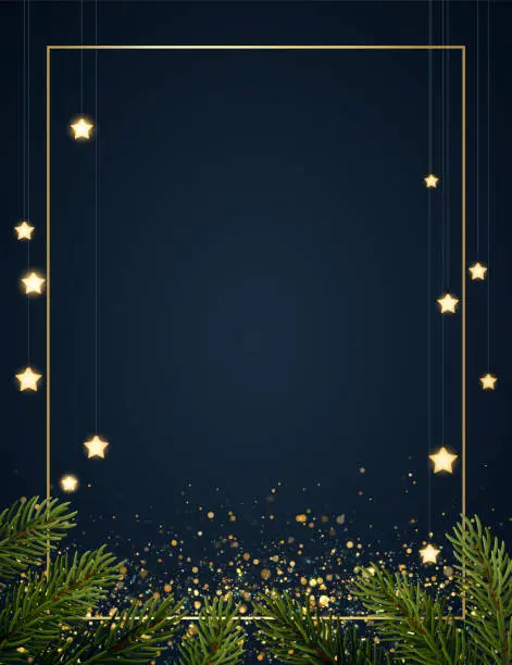 Vector illustration of Dark blue Christmas background with gold glitter particles and glowing star shape light bulbs. Vector illustration.