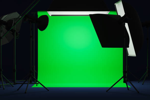 istock Photo studio with mock up green screeb and soft box on tripod 1531089673