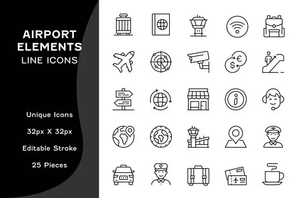 Vector illustration of Airport Elements Editable Line Icons