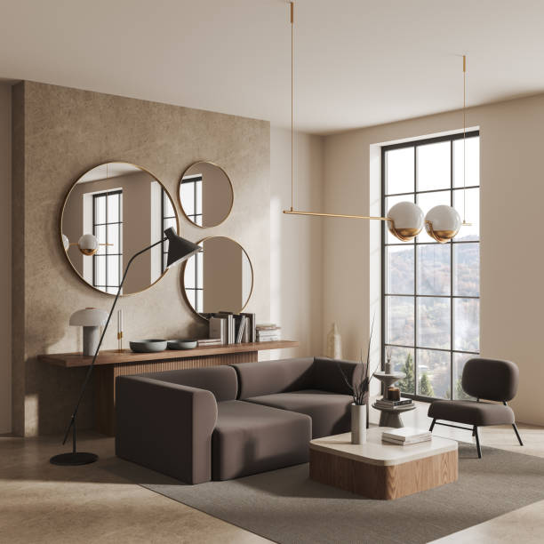 istock Light living room interior with couch and armchair with panoramic window 1531092808