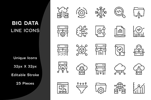 Big Data 25 Editable Stroke Vector Line Icons