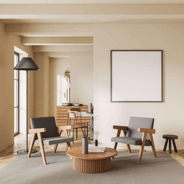 istock Beige living room interior with chill and dining space, mockup frame 1531094383