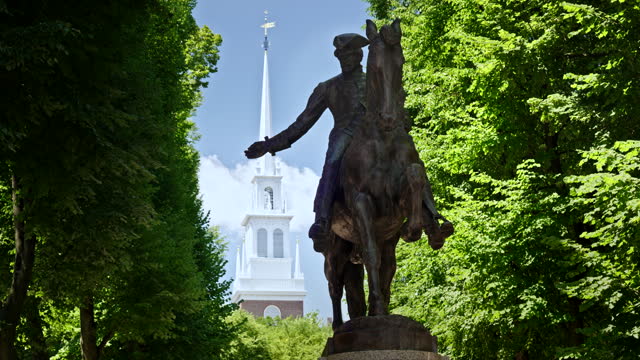 Paul Revere Statue and Old North Church in downtown Boston Massachusetts USA