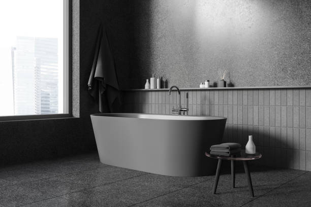 istock Dark hotel bathroom interior with tub and accessories, panoramic window 1531097554