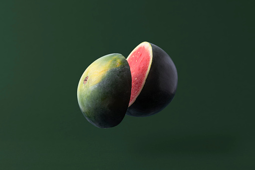 Creative fruit concept. Dark green watermelon levitates against a dark green background.
