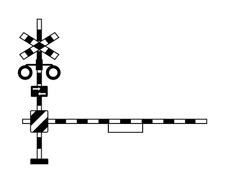 Railroad crossing signal and crossing bar.