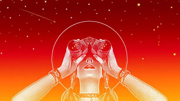 Vector illustration of Young hipster woman with binoculars and stars