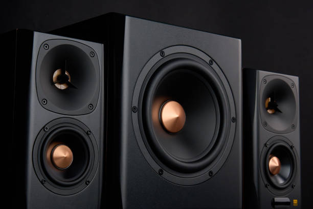 istock Sound audio system with two satellites and subwoofer on dark background. 1531118076