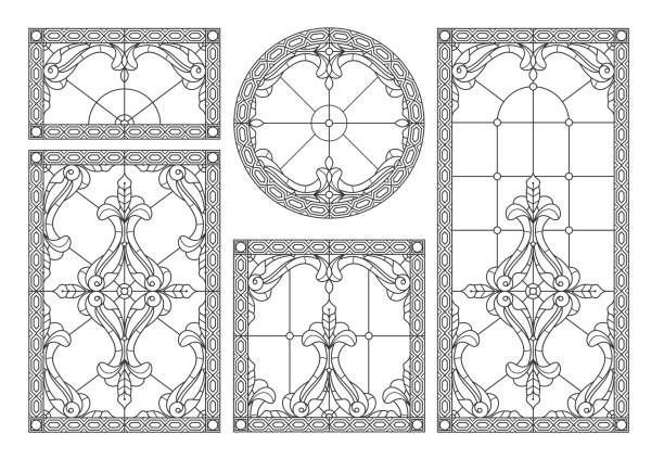 illustrazioni stock, clip art, cartoni animati e icone di tendenza di vuoto per una classica vetrata con ornamenti floreali - stainedglass