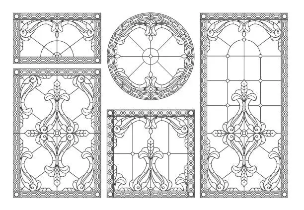 Vector illustration of Blank for a classic stained-glass window with floral ornaments