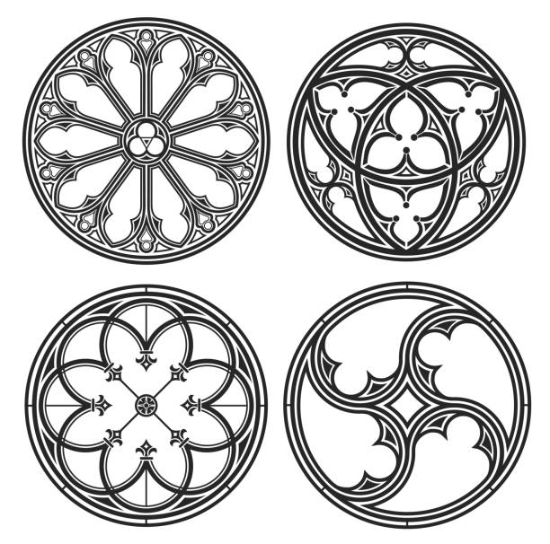 ilustrações de stock, clip art, desenhos animados e ícones de set of silhouettes of cathedral round gothic windows - cathedral architecture old church