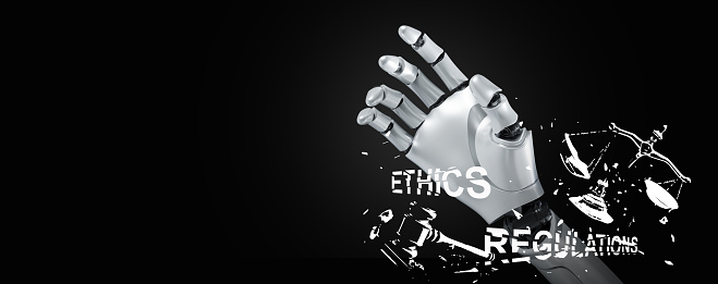 Artificial intelligence violates AI ethics and regulations. Robotic hand breaks out of control of the ethic and regulation symbols, a gavel and a justice scale.