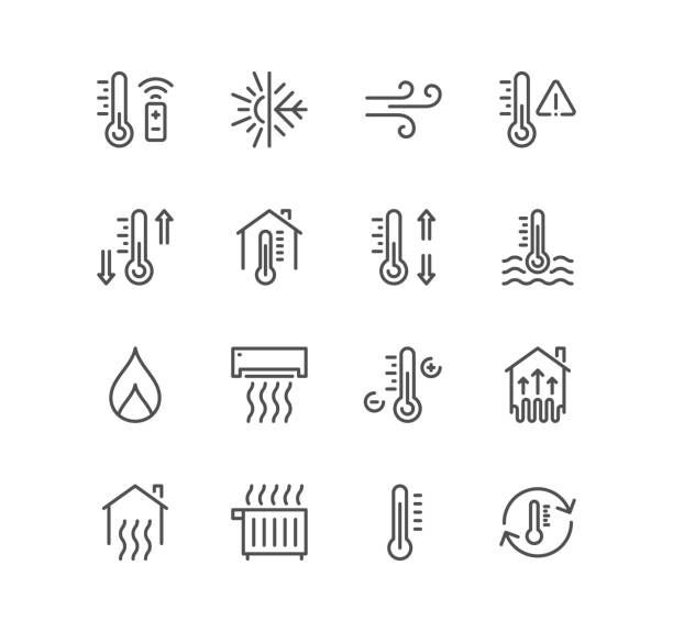 Set of house heating related icons. Set of house heating related icons, heat supply, heating boiler, water heater, electric heating and linear variety vectors. floor fan stock illustrations