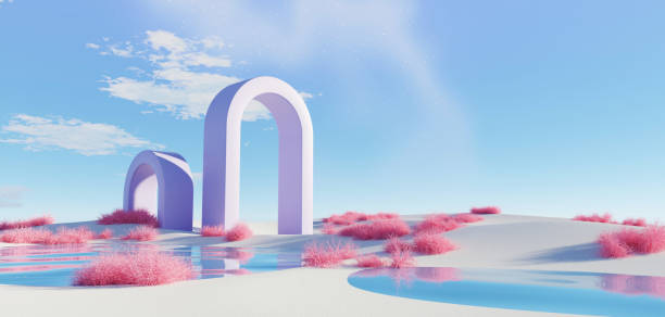 istock 3d render Surreal dune landscape background with alone tree, abstract fantastic desert dune in seasoning landscape environment, panoramic, futuristic scene with copy space, blue sky and cloudy 1531140449