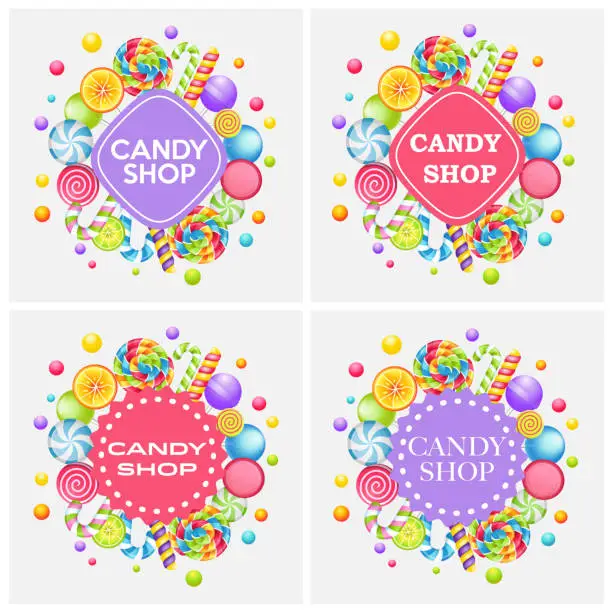 Vector illustration of Candy shop emblems. Set of labels for candy shop.
