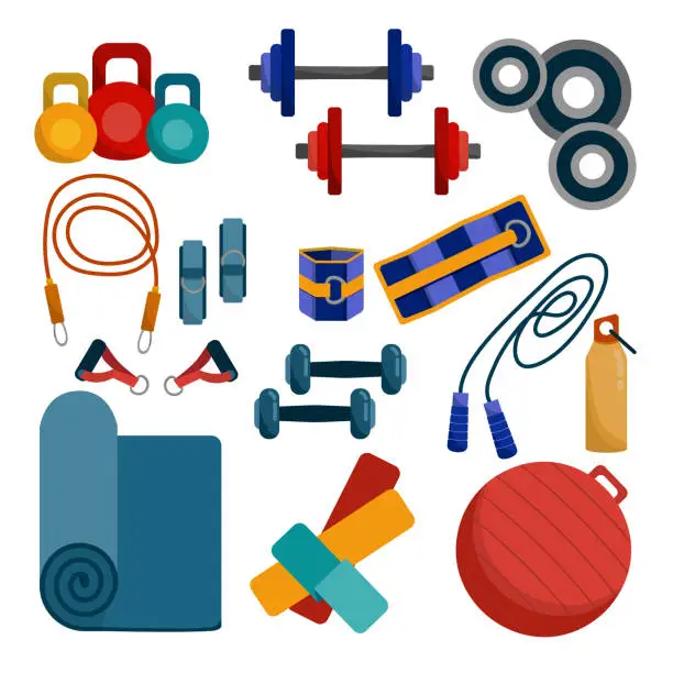 Vector illustration of Sports equipment for the gym and at home.