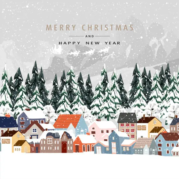 Vector illustration of Christmas Background,Winter forest landscape in village,Fir Trees in Snowy day.Vector cartoon horizon coniferous forest with snow falling at night,Backdrop banner for Christmas,New Year 2024