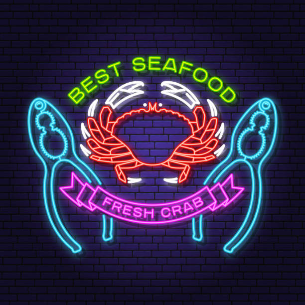 ilustrações de stock, clip art, desenhos animados e ícones de best seafood. fresh dressed crab neon sign. vector. for seafood emblem, sign, patch, shirt, menu restaurants, fish markets, stores. neon sign, bright signboard light banner. - lobster cracker