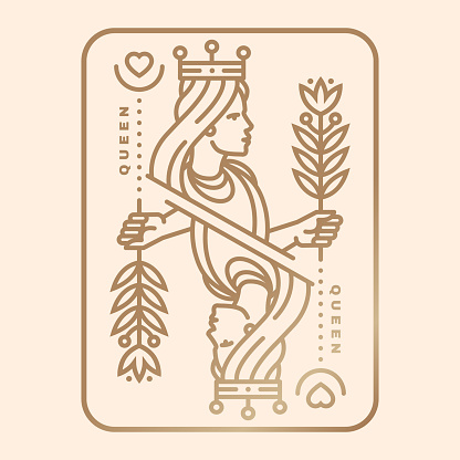 Queen playing card. Vector illustration. Esoteric, magic Royal playing card queen design collection. Line art minimalist style.