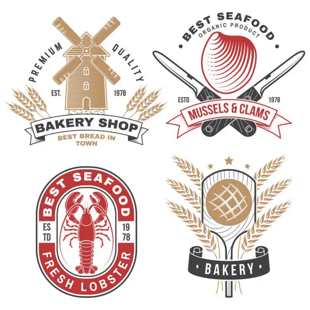 Vector illustration of Set of Bakery and seafood badges. Vector. For emblem, sign, patch, shirt, menu restaurants with rolling pin, windmill, wheat ears, tuna, trout, shrimp, octopus crab mussels and clams.