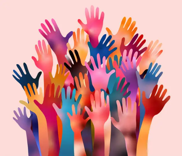 Vector illustration of Poster with volunteer people with raised arms. People diversity. Charitable donation. Support and assistance. Multicultural community. NGO. Aid. Help. Volunteerism. Inclusivity. Teamwork