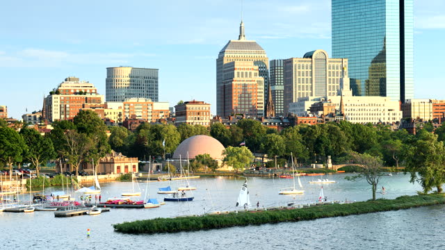 Boston Massachusetts USA downtown city skyline and boat marina on the Charles River