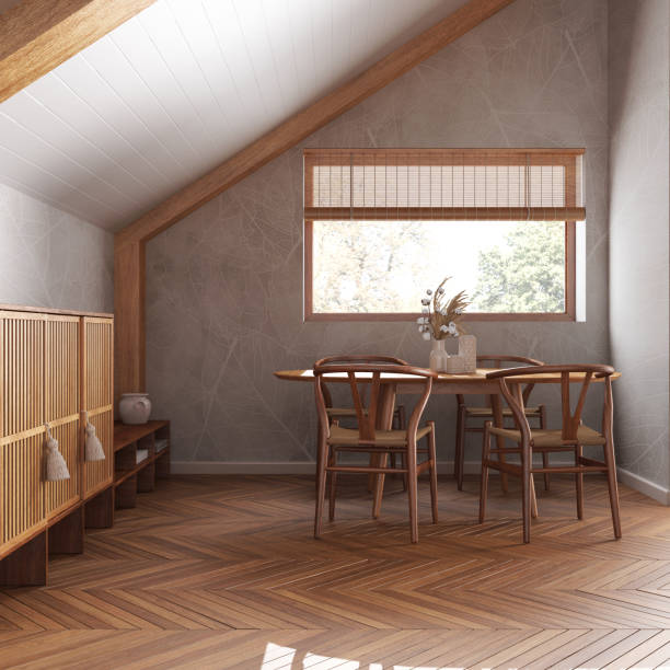 istock Minimal wooden dining room with sloping ceiling and herringbone parquet in white tones. Classic table and chairs. Japandi style, attic loft interior design 1531174165