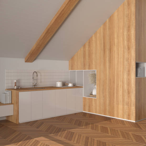 istock Minimal wooden kitchen in white tones. Cabinets and accessories, sloping ceiling and herringbone parquet floor. Japandi interior design 1531174170