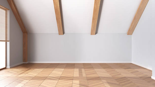 istock Empty room interior design, open space with parquet floor, wooden sloping ceiling, white walls, modern japandi architecture concept idea 1531174180