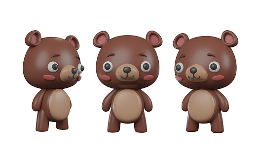 Set of 3D objects in the form of a brown teddy bear toy on a white background