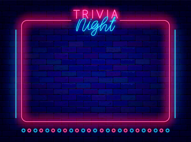 Trivia night neon pink frame. Quiz competition. Game event. Night club shiny advertising. Vector stock illustration Trivia night neon pink frame. Quiz competition. Game event. Night club shiny advertising. Vintage border with lines. Simple announcement. Glowing lettering. Copy space. Vector stock illustration trivia stock illustrations