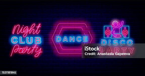 istock Night club party neon emblems collection. Music festival event. Performance flyer. Vector stock illustration 1531181845