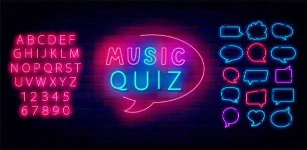 Vector illustration of Music Quiz neon label. Colorful handwritten text. Speech bubbles frames set. Luminous pink alphabet. Vector illustration