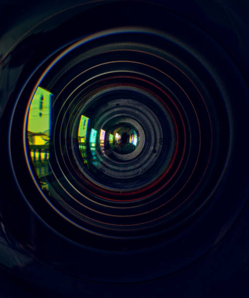 istock Camera lens on black background. Aperture blades. Camera lens close up 1531185741