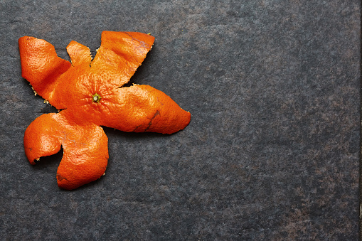 Skin of a mandarin orange, skilfully removed from the fruit in a single piece, lying discarded on the floor.