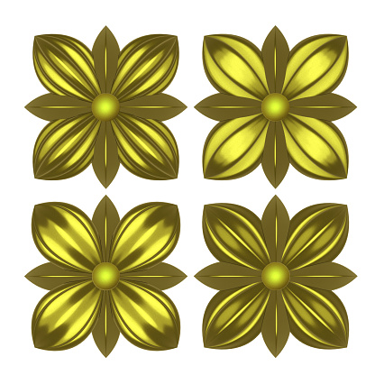 A set of 3D objects of an openwork carved decorative element of a square shape of gold color on a white background