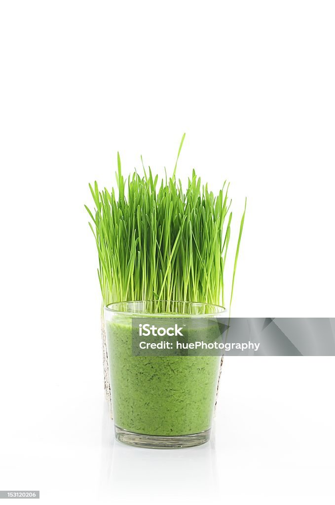 Wheat Grass Smoothie Glass of a wheat grass smoothie with wheat grass plant in background. Blended Drink Stock Photo