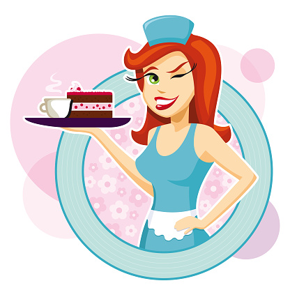 A friendly waitress in a 1960s-style, serving coffee and cake