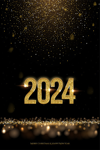 2024 Happy New Year vector banner vector template. Winter holiday, christmas congratulations. Festive postcard, luxurious greeting card concept. 2024 number with golden glitter illustration.