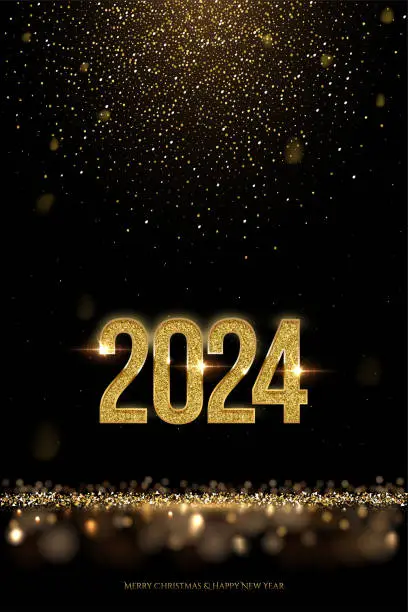 Vector illustration of 2024 Happy New Year vector banner vector template. Winter holiday, christmas congratulations. Festive postcard, luxurious greeting card concept. 2024 number with golden glitter illustration